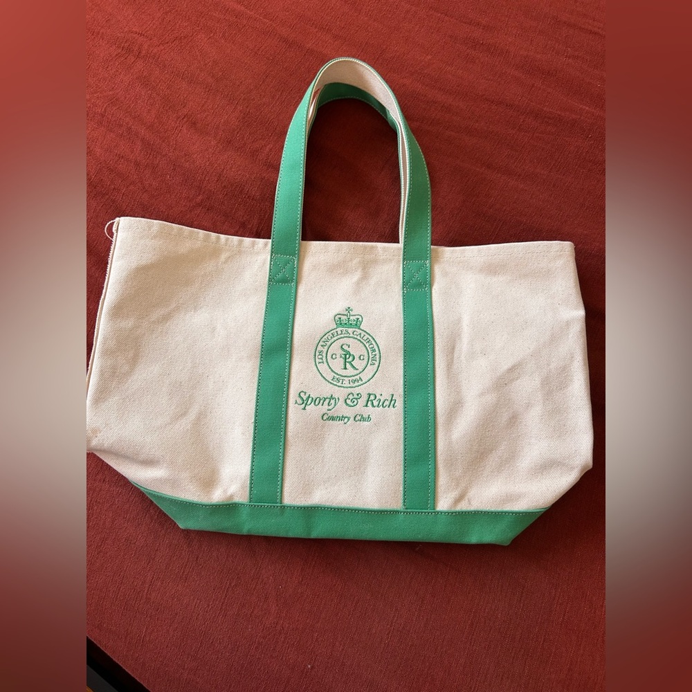 Sporty & Rich Cream and Green Canvas Tote